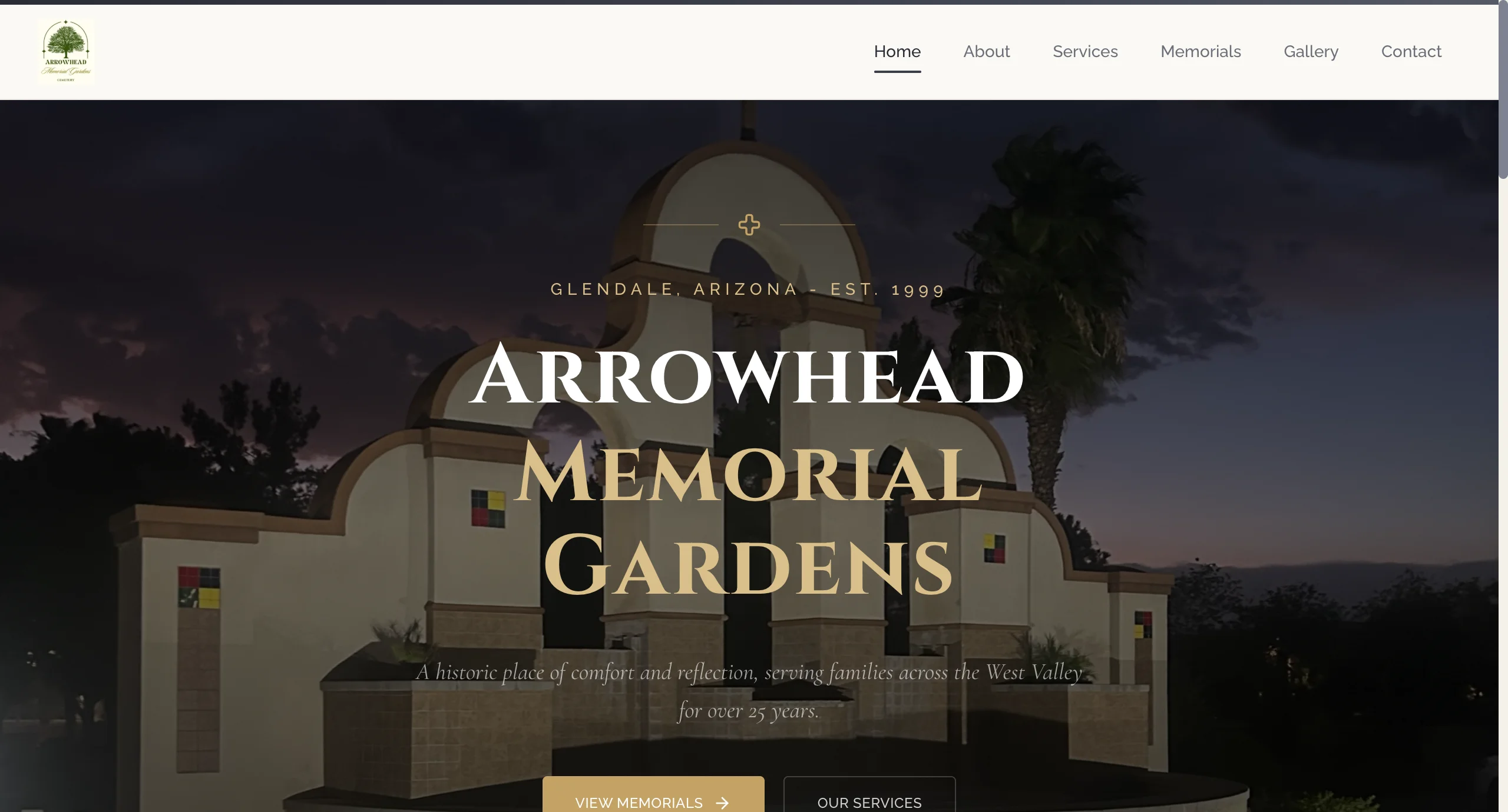 Arrowhead Memorial Gardens website screenshot, MEMORIAL SERVICES