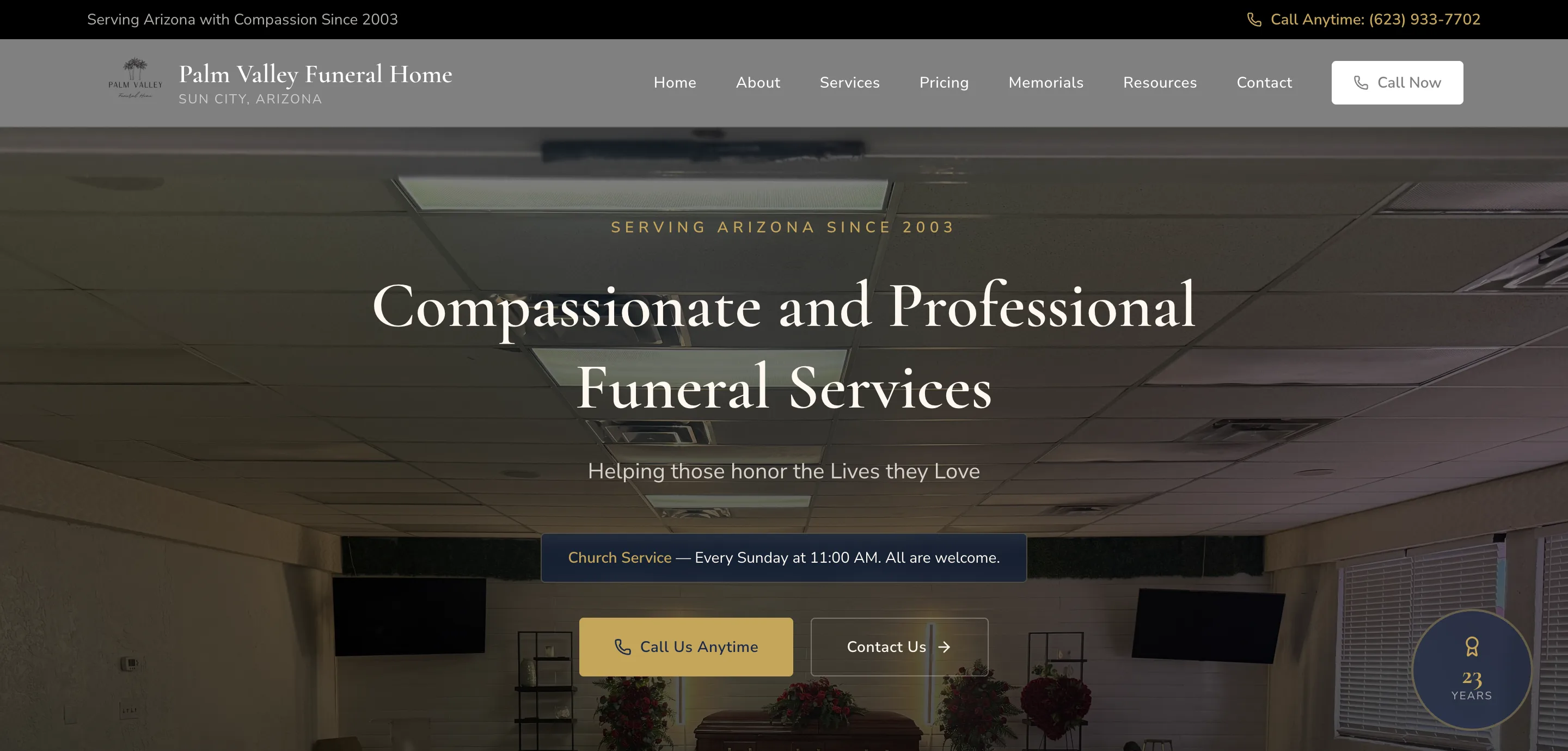 Palm Valley Funeral Home website screenshot, FUNERAL HOME