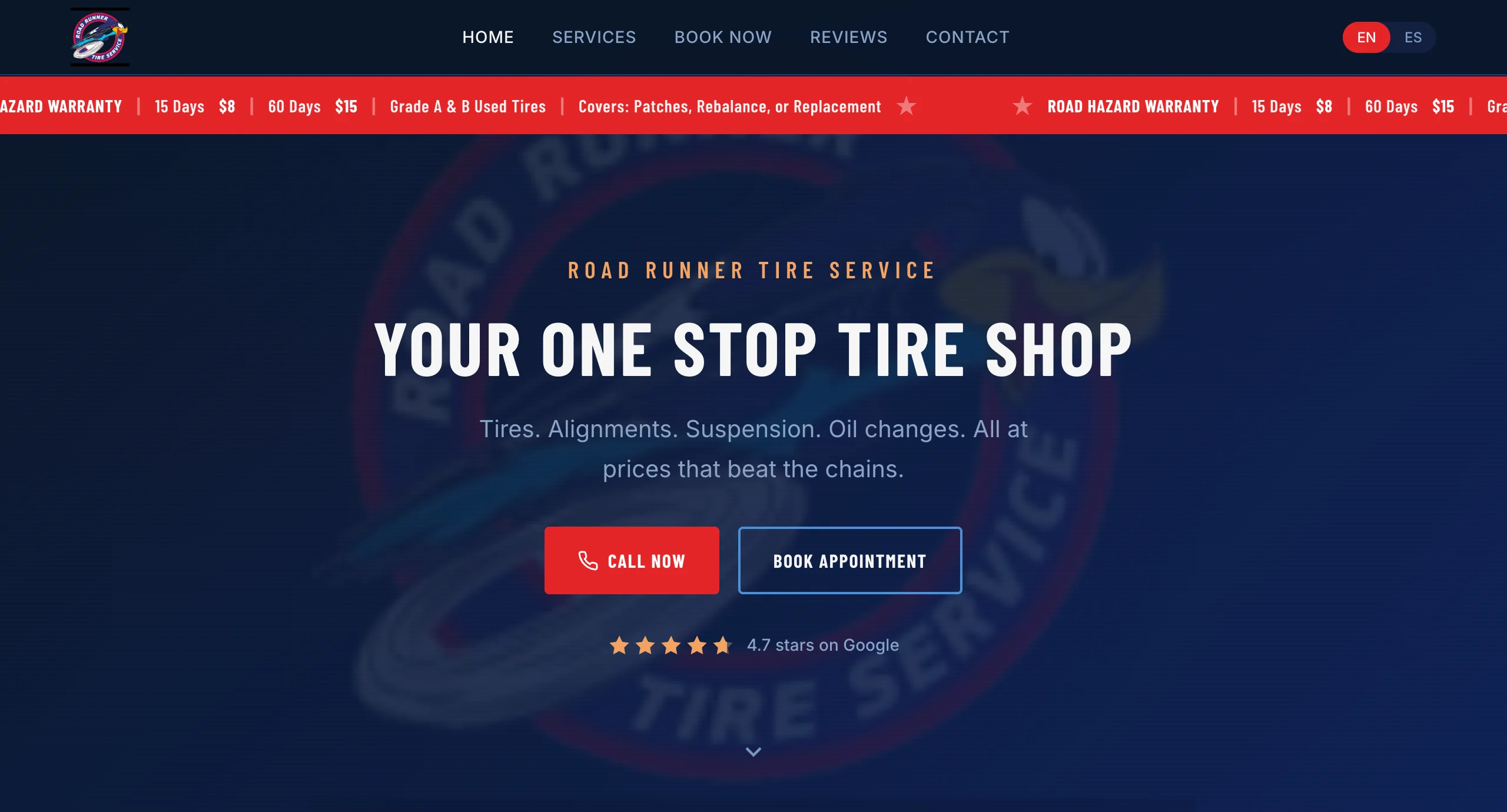 Roadrunner Tire Service website screenshot, TIRE SHOP