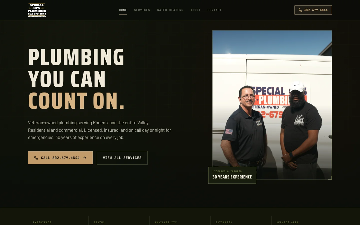 Special Ops Plumbing website screenshot, PLUMBING
